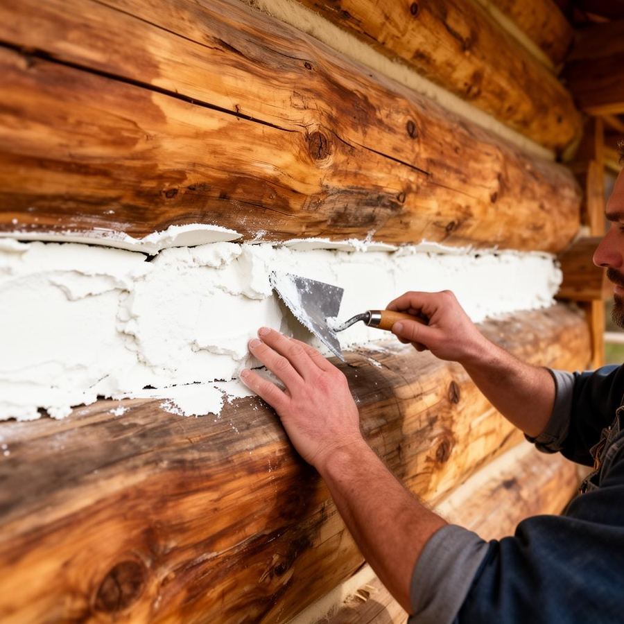 Craftsman applying fresh chinking between hand-hewn log walls