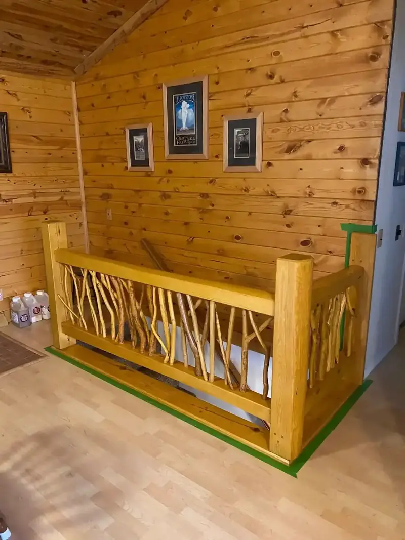 Hand-built branch railing interior detail by Nye Builders